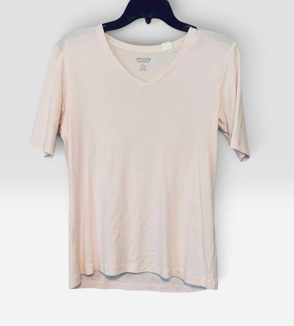 Chico's Pale Pink T-Shirt Women Size 0 (US Small)  V-Neck Short Sleeve Cotton